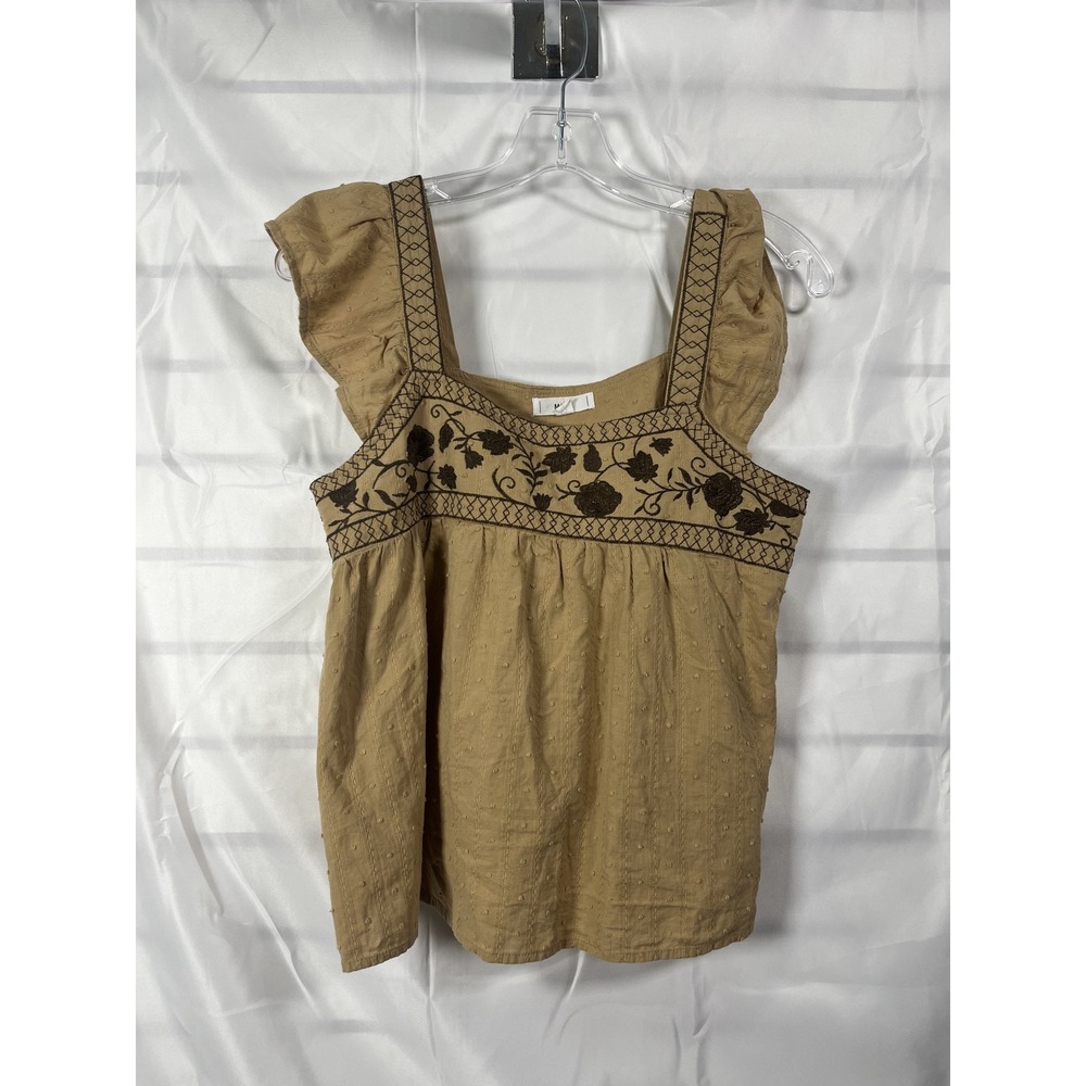 MINE Women Tan Embroidered Square Neck‎ Flutter Sleeve Top Size S
